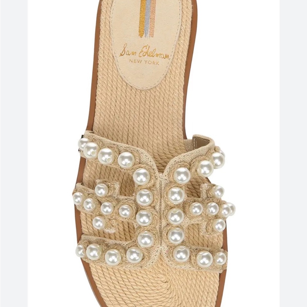 Sam Edelman Beige Woven Slide Sandals with Pearl Accents
